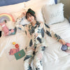 Image of 2019 Autumn Women's Pajamas Sets with Flower Print Fashion Luxury Female Faux Silk Two Pieces Shirts + Pants Nighties Sleepwear