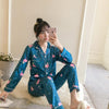 Image of 2019 Autumn Women's Pajamas Sets with Flower Print Fashion Luxury Female Faux Silk Two Pieces Shirts + Pants Nighties Sleepwear