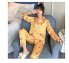 Image of 2019 Autumn Women's Pajamas Sets with Flower Print Fashion Luxury Female Faux Silk Two Pieces Shirts + Pants Nighties Sleepwear