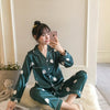 Image of 2019 Autumn Women's Pajamas Sets with Flower Print Fashion Luxury Female Faux Silk Two Pieces Shirts + Pants Nighties Sleepwear