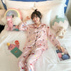 Image of 2019 Autumn Women's Pajamas Sets with Flower Print Fashion Luxury Female Faux Silk Two Pieces Shirts + Pants Nighties Sleepwear