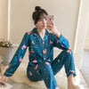 Image of 2019 Autumn Women's Pajamas Sets with Flower Print Fashion Luxury Female Faux Silk Two Pieces Shirts + Pants Nighties Sleepwear