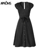 Image of Aproms Vintage Stripe Print Midi Dress Women Elegant Deep V Sash Tie Up Bodycon Dresses Female Summer Streetwear Sundresses 2019