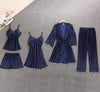 Image of Women Pajamas 5 Pieces Satin Sleepwear Pijama Silk Home Wear Home Clothing Embroidery Sleep Lounge Pyjama with Chest Pads