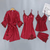 Image of Women Pajamas 5 Pieces Satin Sleepwear Pijama Silk Home Wear Home Clothing Embroidery Sleep Lounge Pyjama with Chest Pads