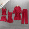 Image of Women Pajamas 5 Pieces Satin Sleepwear Pijama Silk Home Wear Home Clothing Embroidery Sleep Lounge Pyjama with Chest Pads