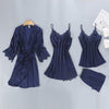 Image of Women Pajamas 5 Pieces Satin Sleepwear Pijama Silk Home Wear Home Clothing Embroidery Sleep Lounge Pyjama with Chest Pads