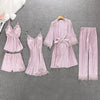 Image of Women Pajamas 5 Pieces Satin Sleepwear Pijama Silk Home Wear Home Clothing Embroidery Sleep Lounge Pyjama with Chest Pads