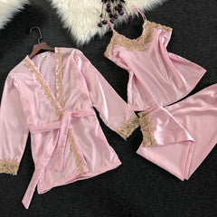 2018 Women Satin Sleepwear 5 Pieces Pyjamas Sexy Lace Pajamas Sleep Lounge Pijama Silk Night Home Clothing Pajama Suit