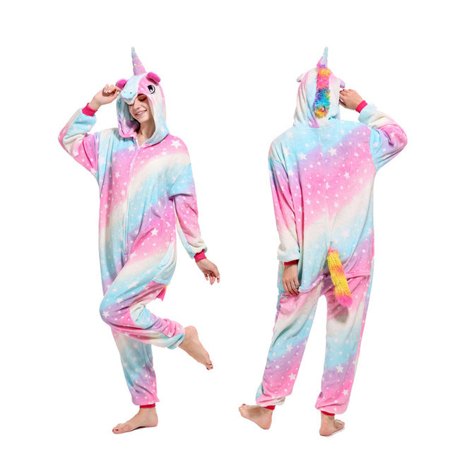 2019 Adults Animal Pajamas Cartoon Sleepwear Unicorn Pajamas Sets Stitch Shark Kigurumi Unicornio Women Men Warm Flannel Hooded