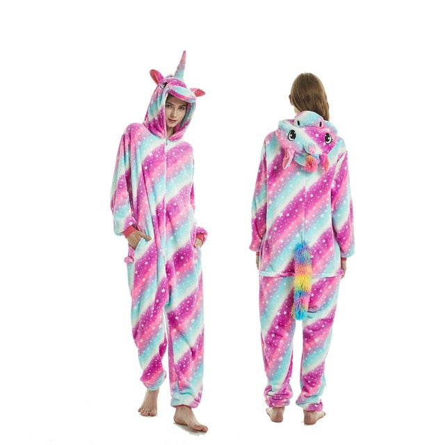 2019 Adults Animal Pajamas Cartoon Sleepwear Unicorn Pajamas Sets Stitch Shark Kigurumi Unicornio Women Men Warm Flannel Hooded