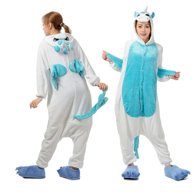 2019 Adults Animal Pajamas Cartoon Sleepwear Unicorn Pajamas Sets Stitch Shark Kigurumi Unicornio Women Men Warm Flannel Hooded