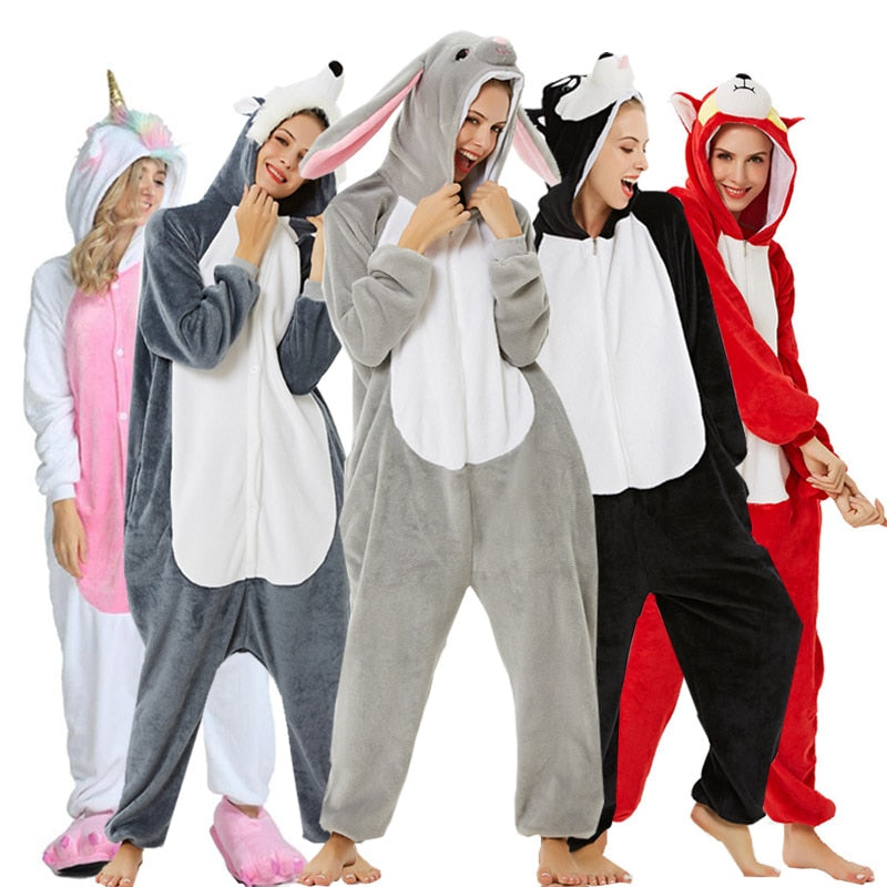 2019 Adults Animal Pajamas Cartoon Sleepwear Unicorn Pajamas Sets Stitch Shark Kigurumi Unicornio Women Men Warm Flannel Hooded