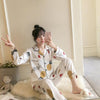 Image of 2019 Autumn Women's Pajamas Sets with Flower Print Fashion Luxury Female Faux Silk Two Pieces Shirts + Pants Nighties Sleepwear