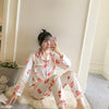 Image of 2019 Autumn Women's Pajamas Sets with Flower Print Fashion Luxury Female Faux Silk Two Pieces Shirts + Pants Nighties Sleepwear