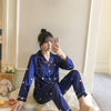 Image of 2019 Autumn Women's Pajamas Sets with Flower Print Fashion Luxury Female Faux Silk Two Pieces Shirts + Pants Nighties Sleepwear