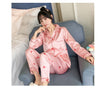 Image of 2019 Autumn Women's Pajamas Sets with Flower Print Fashion Luxury Female Faux Silk Two Pieces Shirts + Pants Nighties Sleepwear