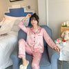 Image of 2019 Autumn Women's Pajamas Sets with Flower Print Fashion Luxury Female Faux Silk Two Pieces Shirts + Pants Nighties Sleepwear