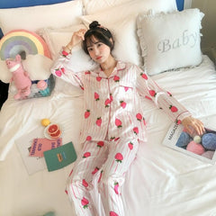 2019 Autumn Women's Pajamas Sets with Flower Print Fashion Luxury Female Faux Silk Two Pieces Shirts + Pants Nighties Sleepwear