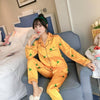 Image of 2019 Autumn Women's Pajamas Sets with Flower Print Fashion Luxury Female Faux Silk Two Pieces Shirts + Pants Nighties Sleepwear