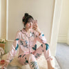Image of 2019 Autumn Women's Pajamas Sets with Flower Print Fashion Luxury Female Faux Silk Two Pieces Shirts + Pants Nighties Sleepwear