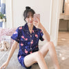 Image of 2019 Autumn Women's Pajamas Sets with Flower Print Fashion Luxury Female Faux Silk Two Pieces Shirts + Pants Nighties Sleepwear