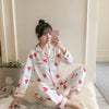Image of 2019 Autumn Women's Pajamas Sets with Flower Print Fashion Luxury Female Faux Silk Two Pieces Shirts + Pants Nighties Sleepwear