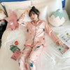 Image of 2019 Autumn Women's Pajamas Sets with Flower Print Fashion Luxury Female Faux Silk Two Pieces Shirts + Pants Nighties Sleepwear