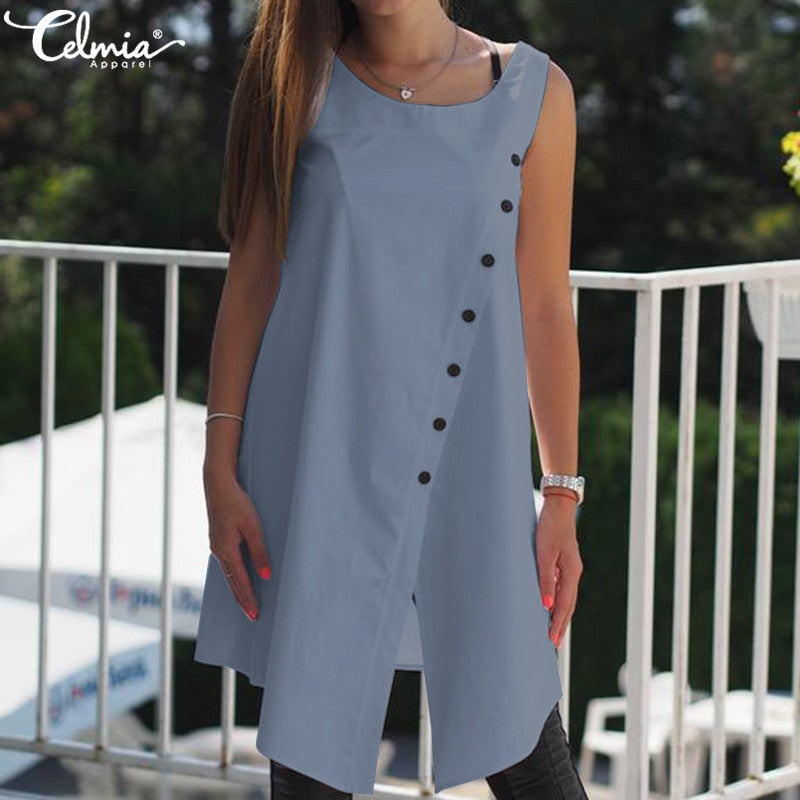 2019 Celmia Vintage Blouses Women Asymmetrical Tunic Tops Summer Sleeveless Buttons Casual Split Long Shirts Plus Size Blusas