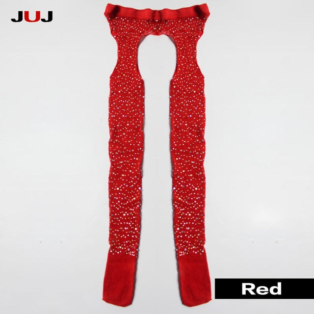 2019 Sexy Women's Glitter Fishnet Tights Open Crotch Mesh Pantyhose Shiny Rhinestone Lady Plus Size Tights Nylons Stockings