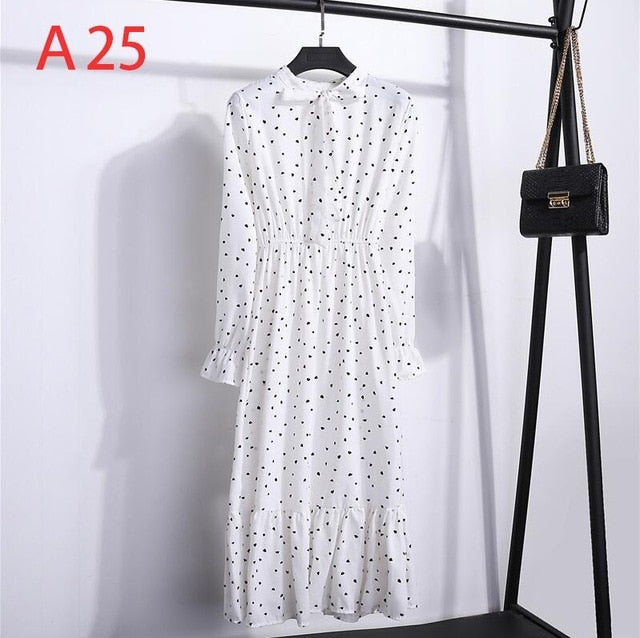 2019 Spring Women Dress For Ladies Long Sleeve Polka Dot Vintage Chiffon Shirt Dress Casual Black Red Floral Autumn Midi Dress