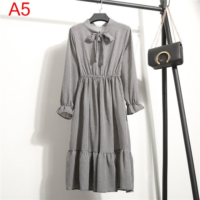 2019 Spring Women Dress For Ladies Long Sleeve Polka Dot Vintage Chiffon Shirt Dress Casual Black Red Floral Autumn Midi Dress