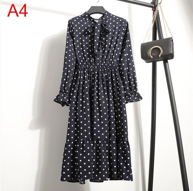 2019 Spring Women Dress For Ladies Long Sleeve Polka Dot Vintage Chiffon Shirt Dress Casual Black Red Floral Autumn Midi Dress