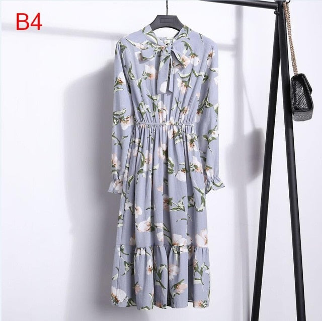2019 Spring Women Dress For Ladies Long Sleeve Polka Dot Vintage Chiffon Shirt Dress Casual Black Red Floral Autumn Midi Dress