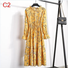 2019 Spring Women Dress For Ladies Long Sleeve Polka Dot Vintage Chiffon Shirt Dress Casual Black Red Floral Autumn Midi Dress