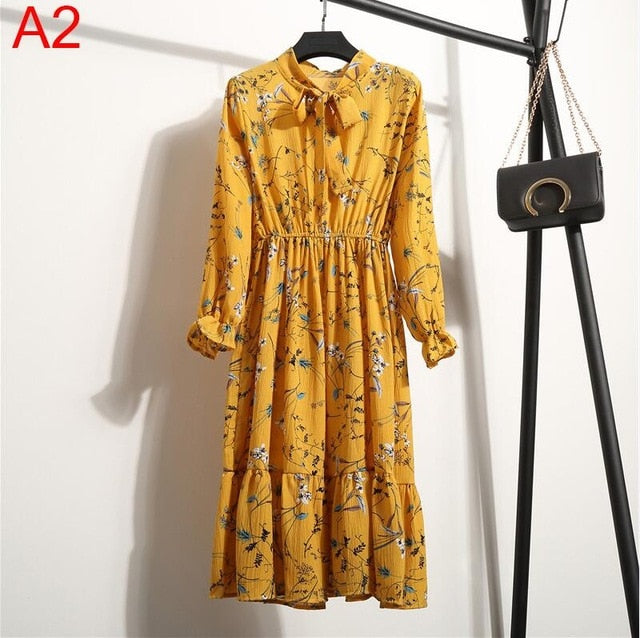 2019 Spring Women Dress For Ladies Long Sleeve Polka Dot Vintage Chiffon Shirt Dress Casual Black Red Floral Autumn Midi Dress