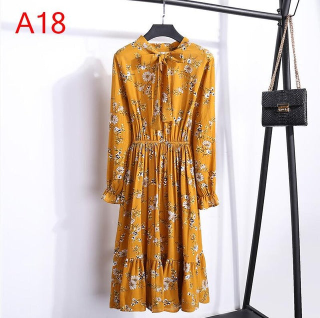 2019 Women Dress Spring Long Sleeve Office Polka Dot Vintage Dress Casual Red Floral Autumn Shirt Chiffon Midi Dress For Ladies