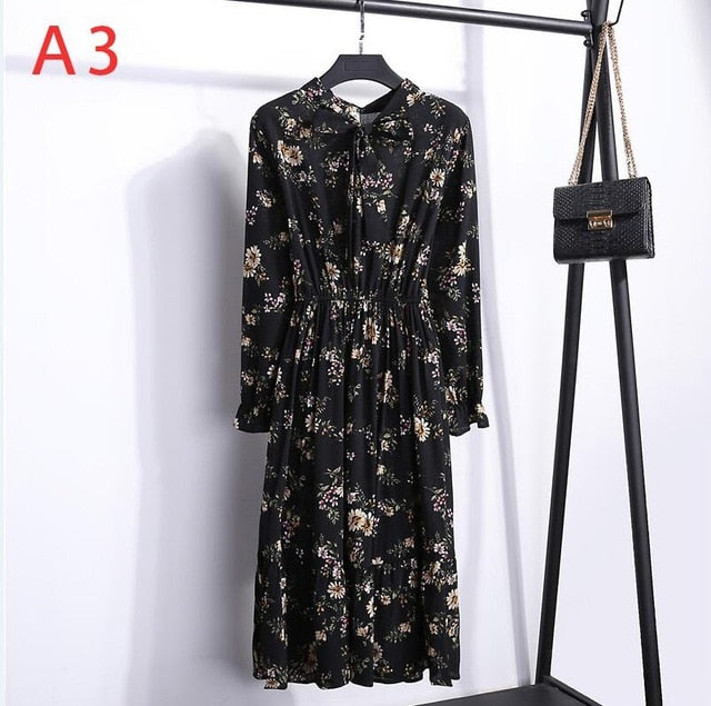 2019 Women Dress Spring Long Sleeve Office Polka Dot Vintage Dress Casual Red Floral Autumn Shirt Chiffon Midi Dress For Ladies