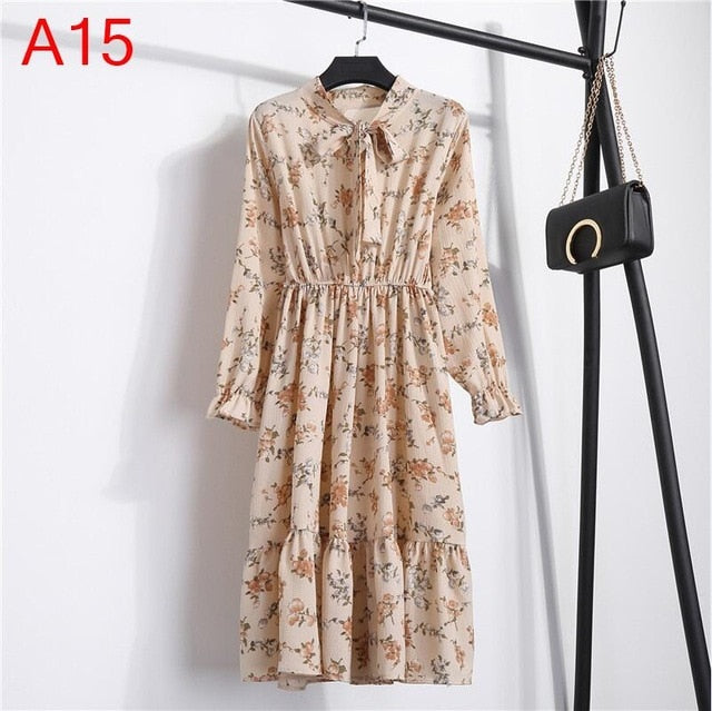 2019 Women Dress Spring Long Sleeve Office Polka Dot Vintage Dress Casual Red Floral Autumn Shirt Chiffon Midi Dress For Ladies