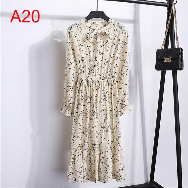2019 Women Dress Spring Long Sleeve Office Polka Dot Vintage Dress Casual Red Floral Autumn Shirt Chiffon Midi Dress For Ladies