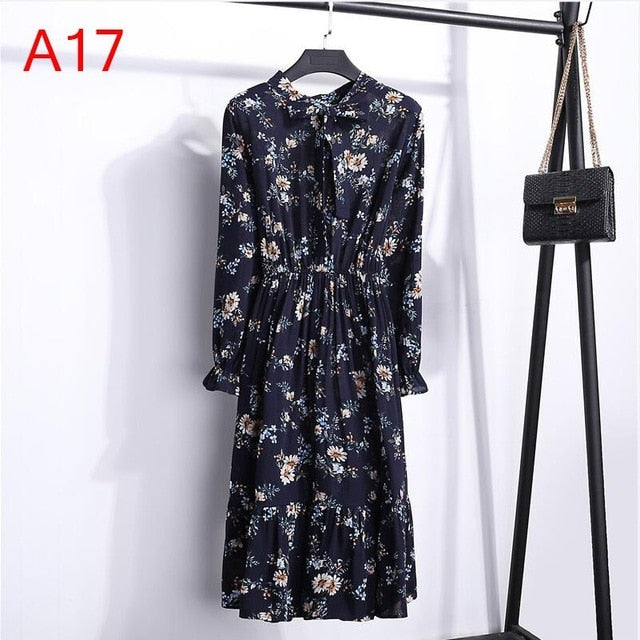 2019 Women Dress Spring Long Sleeve Office Polka Dot Vintage Dress Casual Red Floral Autumn Shirt Chiffon Midi Dress For Ladies