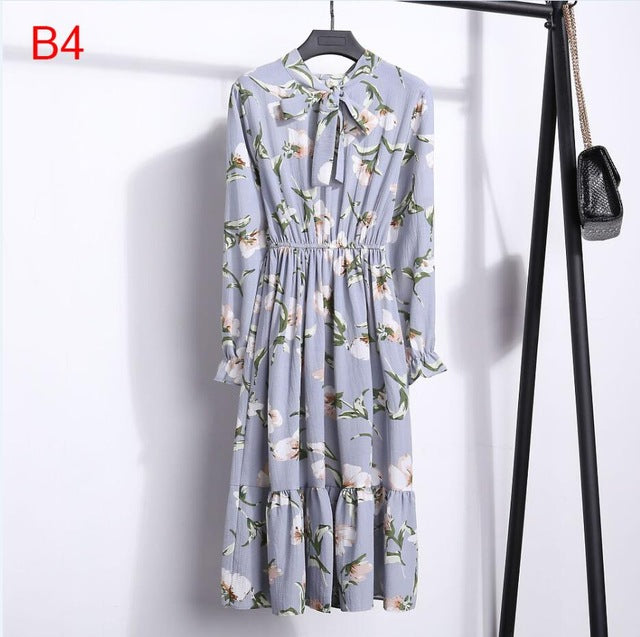 2019 Women Dress Spring Long Sleeve Office Polka Dot Vintage Dress Casual Red Floral Autumn Shirt Chiffon Midi Dress For Ladies