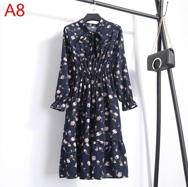 2019 Women Dress Spring Long Sleeve Office Polka Dot Vintage Dress Casual Red Floral Autumn Shirt Chiffon Midi Dress For Ladies