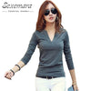 Image of 2019 solid 14 colors V-Neck  Blouses Sexy Slim Knitted Long Sleeve Chemise Femme Korean Tops for Women clothing Shirt Top Blouse
