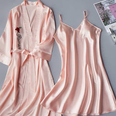 2PCS Set Sexy Night Dress For Women Deep Sleepwear Lingerie Silk Nightgown Sleeveless Nightdress Nightwear Summer Homewear