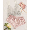 Image of 2PCS Women Sexy See-through Lace Silk Crop Top Deep V Neck Sling  Bra High waist Satin Briefs Sleepwear Lingerie Set Exotic Sets