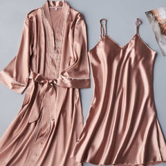 2PCS(basic+outwear) Night Dress Women Women Lace Satin Sleepwear Babydoll Lingerie Nightdress Sexy Sleepwear Nighties For Women