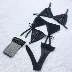 4pcs Sexy Lingerie Set Temptation Lace Push Up Transparent Bra Set Erotic Women Underwear Bras & G-String & Net Socks & Sling