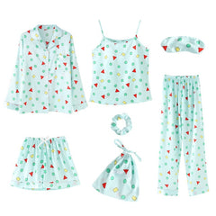 7 Pieces Womens Silk Satin Pajamas Sets Pyjamas Set Sleepwear Pijama Pajamas Suit Female Sleep Two Piece Set Loungewear
