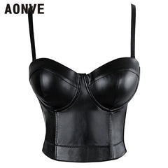AONVE Women Steampunk Corset Bra Tops Leather PU Bralette Push up Bras for Women Waist Trainer Slimming Underwear Short Top